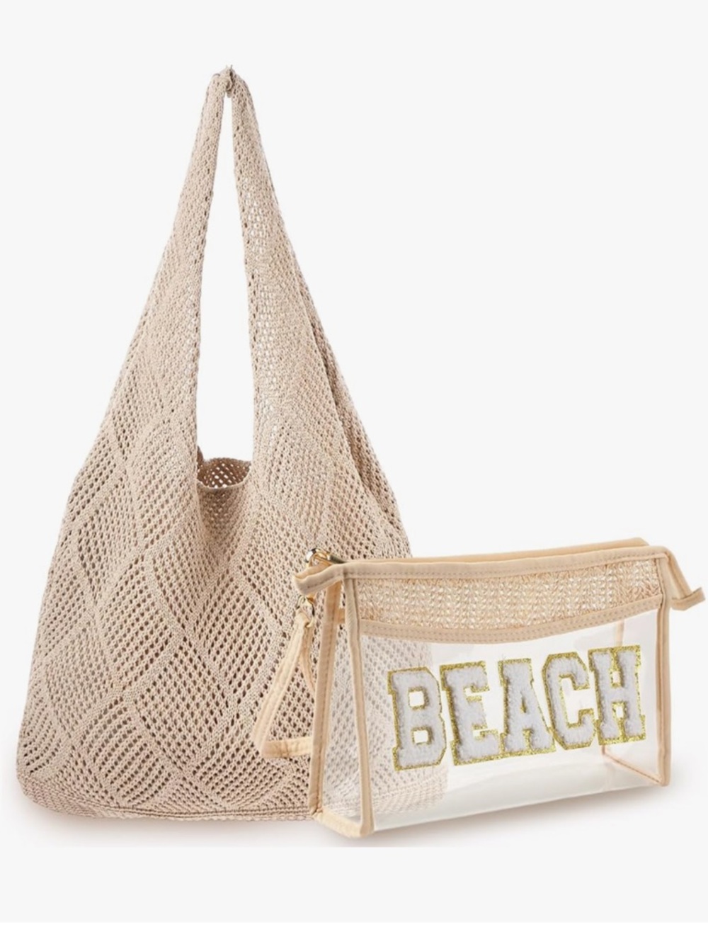 2 Pack Crochet Mesh Beach Tote Bag with Letter Patch Pocket Summer Beach bag
